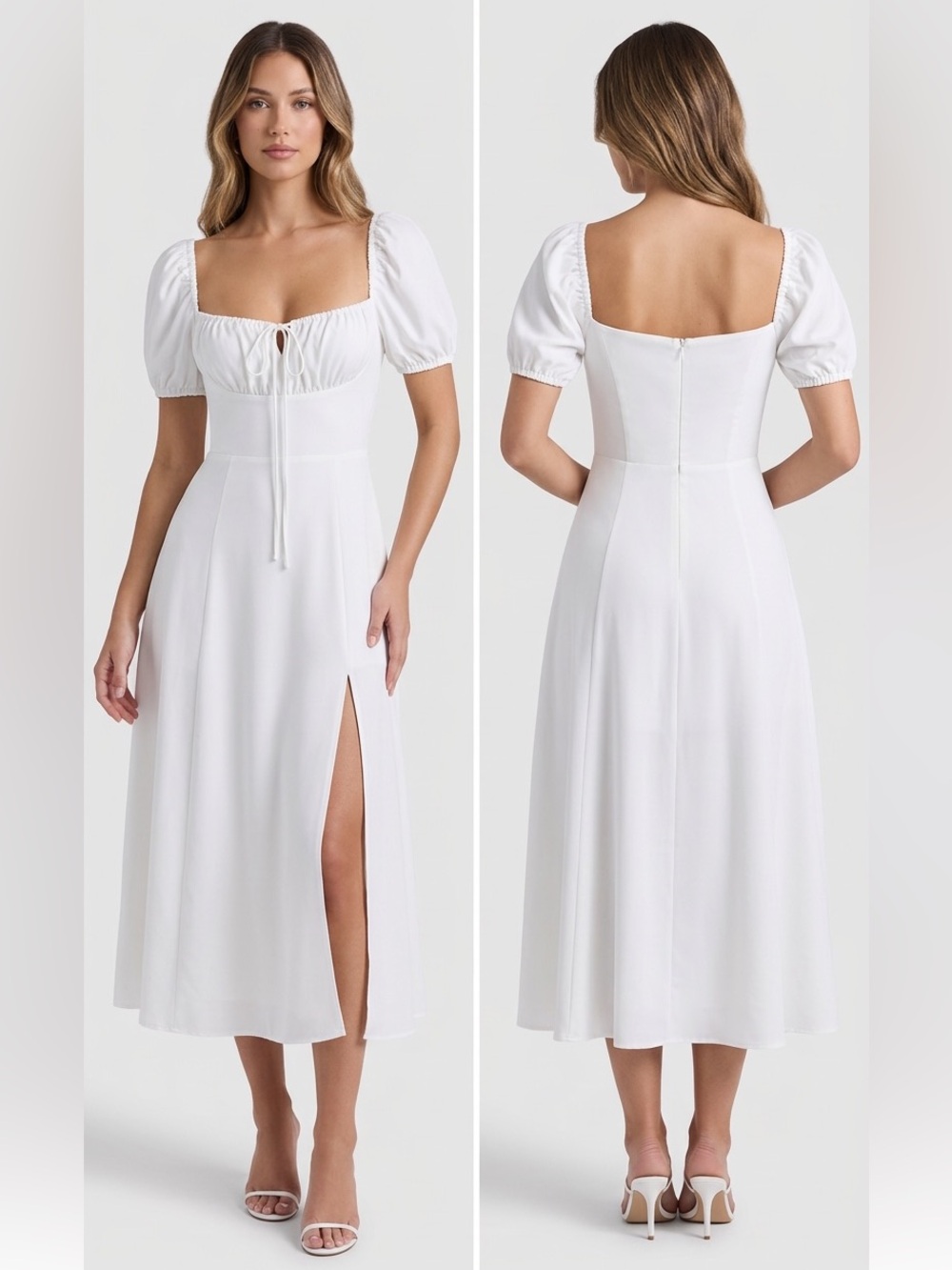 🌷 White Puff-Sleeve Maxi Dress #49